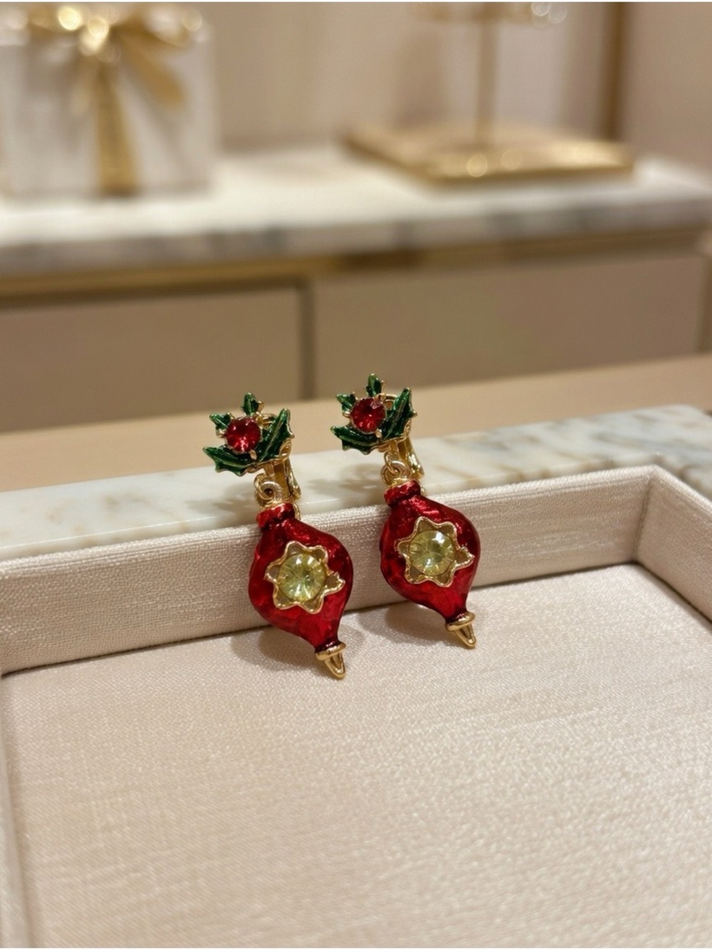 Vintage Christmas Ornaments Dangle Clip On Earrings Holly Red Enamel Holiday